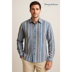 Tommy Bahama Men's Button Down Shirt Embroidery Gray Blue Striped Size Large